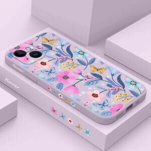 Purple Silicone‎ iPhone 15 Pro Case with Pink and Blue Floral Design